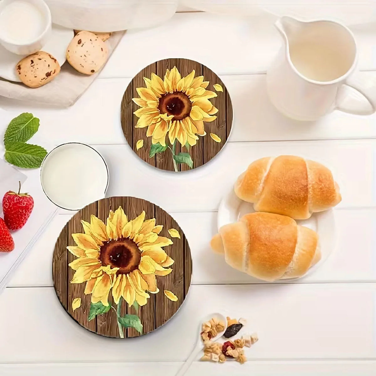6Pcs Rustic Wood Sunflower Coaster Set, Heat-Resistant Non-slip Coasters for Table