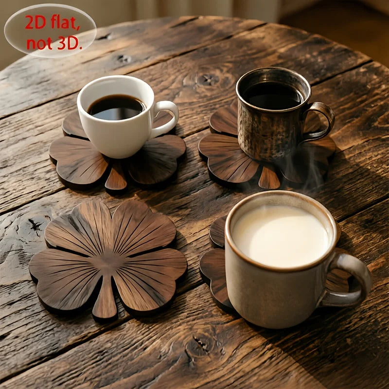 2D Flat Clover Wooden Coasters, 4pcs Walnut-Colored Coasters, Luxurious Desktop Protection Coaster Set for Coffee And Tea Cups