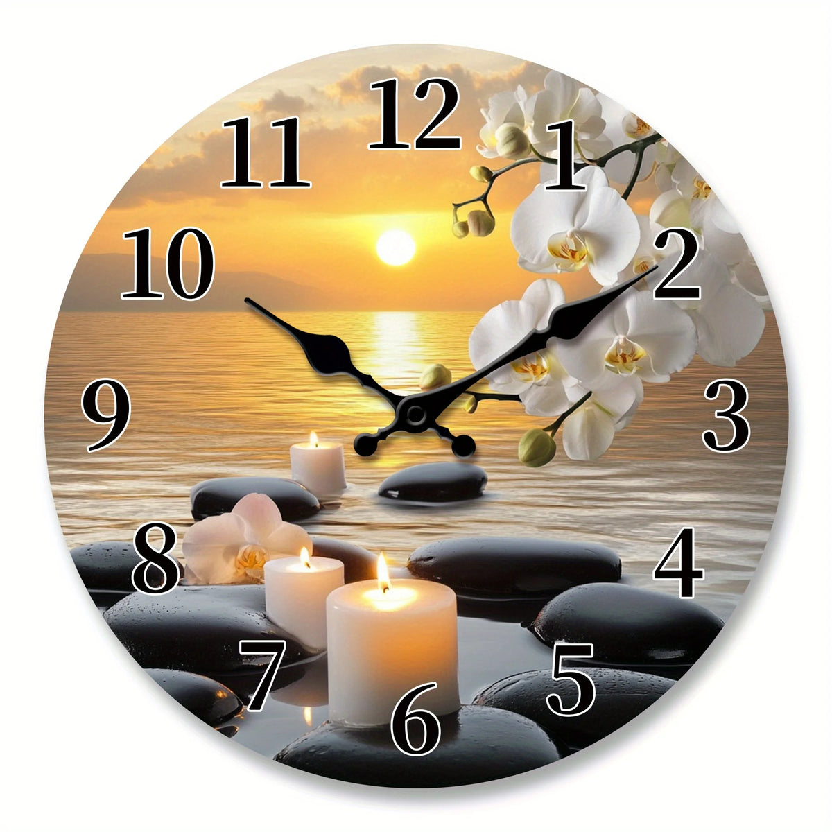 [Modern Wooden Wall Clock] Modern Tranquil Sunset Orchid Candle Pattern Wooden Wall Clock | Silent Clock with Ocean Stone Background Design - Living Room, Bedroom, Kitchen, Office, Garden Home Decor, Ideal Christmas, New Year