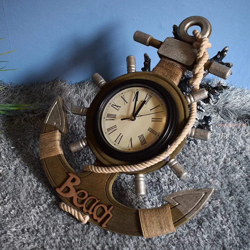 Mediterranean Retro Style Anchor Wall Clock Wooden Rudders Silent Hanging Clocks Coffee Bar Home Decorations