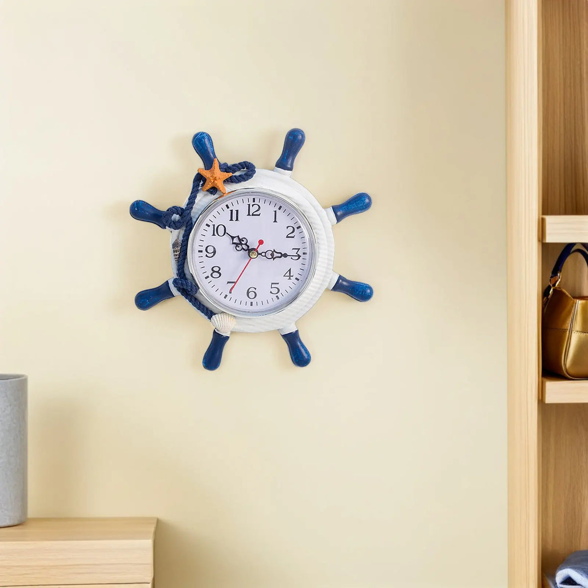 1Pcs Wall Clock Wooden Mediterranean Style Large Number Blue Sea Star Decoration Home Office Bedroom Living Room