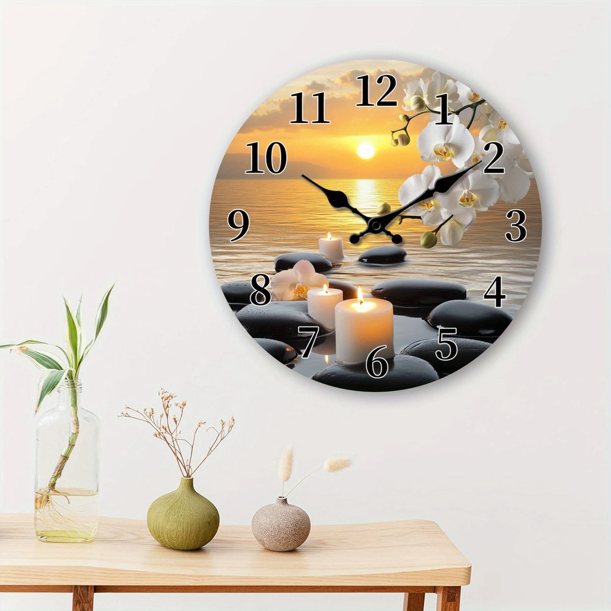 [Modern Wooden Wall Clock] Modern Tranquil Sunset Orchid Candle Pattern Wooden Wall Clock | Silent Clock with Ocean Stone Background Design - Living Room, Bedroom, Kitchen, Office, Garden Home Decor, Ideal Christmas, New Year