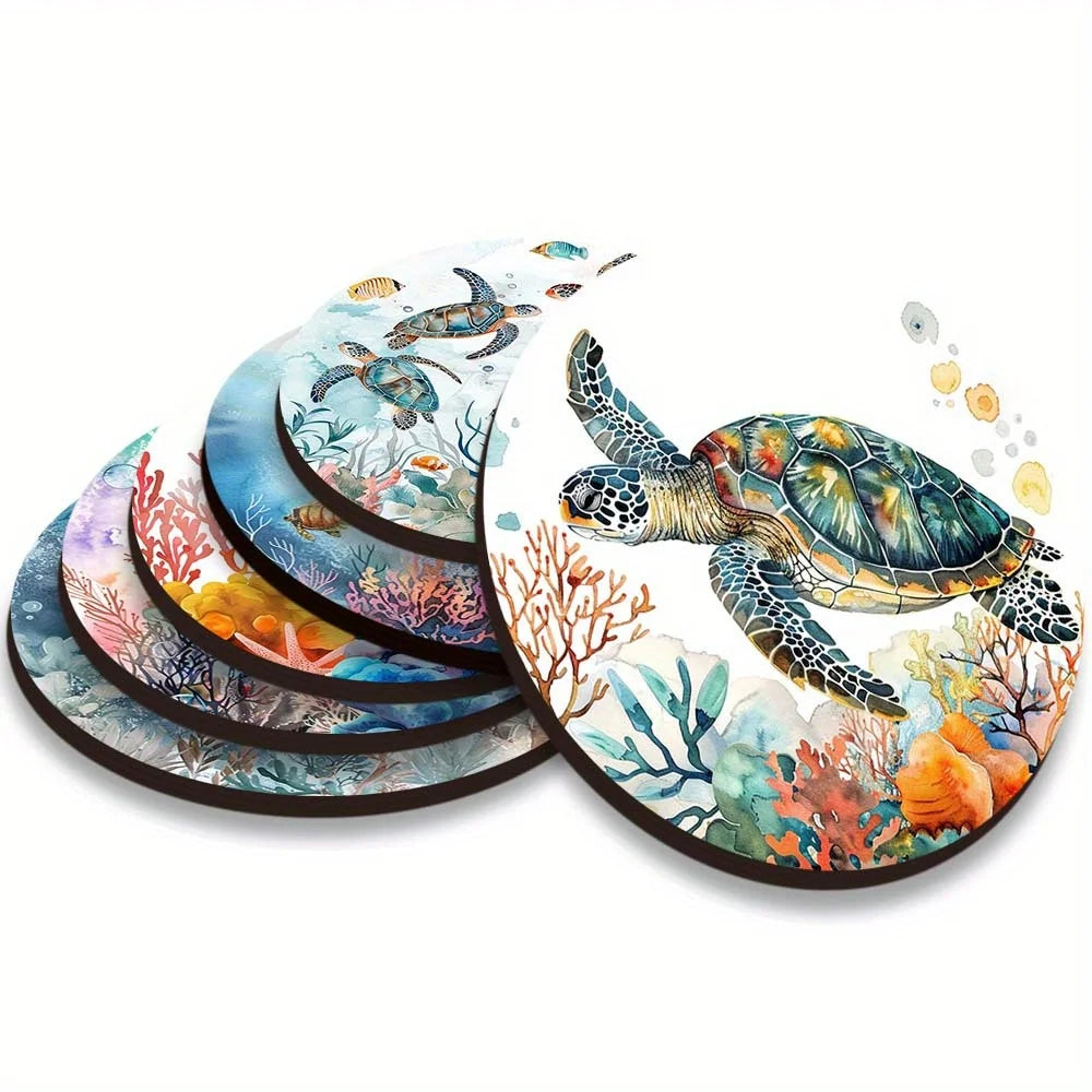 4in Sea Turtle Theme Beautiful Coral Patterns Wooden Coaster Set 6pcs  Deep Sea Turtle Coffee Family Parties Coffee Shops Gifts
