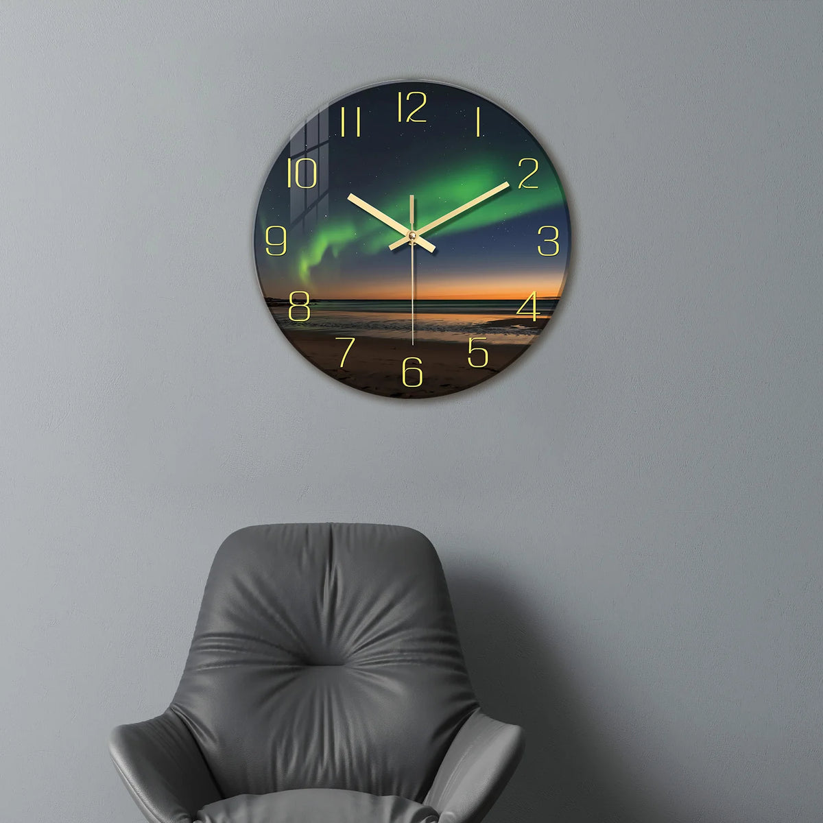 1pc Glass Wall Clock, Beach Aurora Design Wall Clock, Silent Clock, Home Decoration, Living Room Bedroom Room Decoration