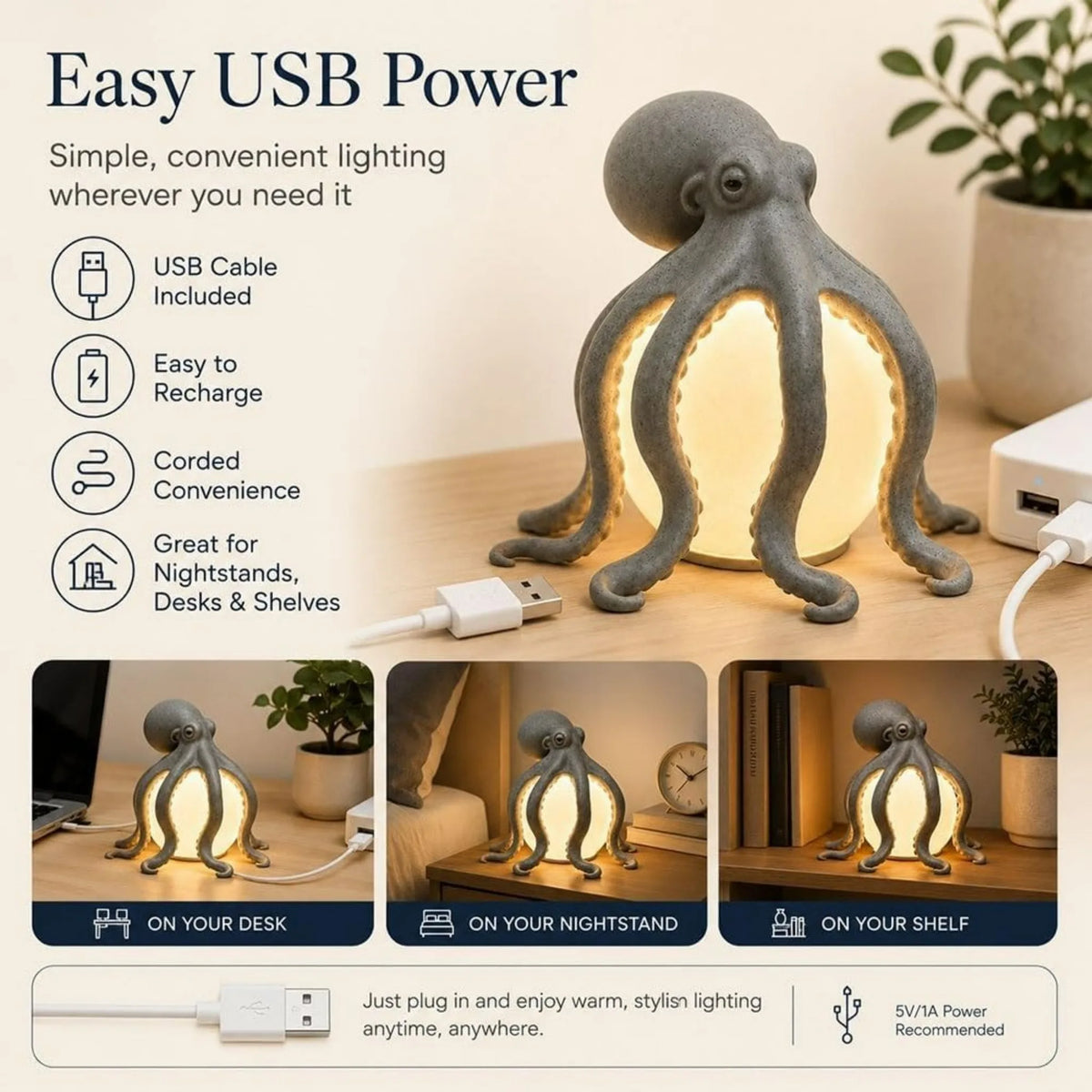 Octopus Desk Lamp Creative Sculpture Ocean Animal Desktop Artwork for Home Office Desk Decor Embellishment Thoughtful Gift