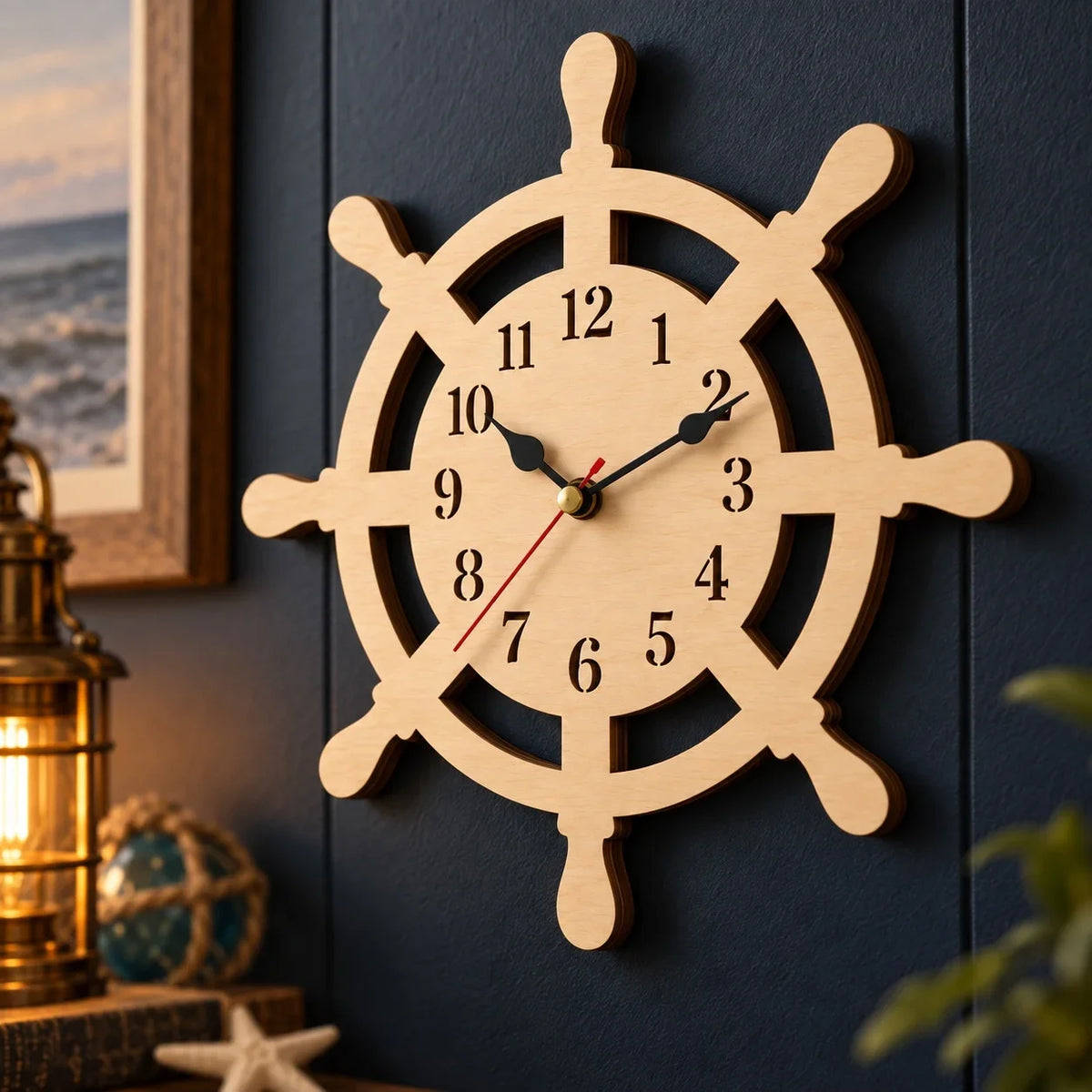 Wooden Ship Wheel Wall Clock, Wooden Clock, Maritime Beach House Wall Art, Rustic Sailing Decor, Seaside Living Room Clock