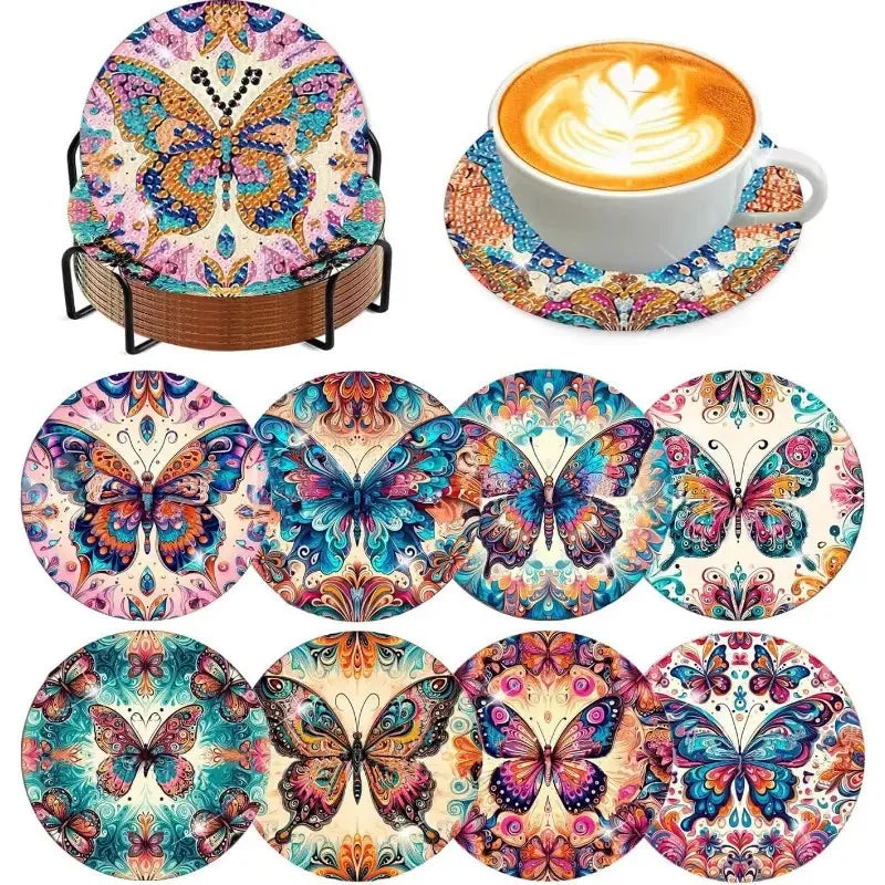 8 Pieces/Set Butterfly Pattern Diamond Painted Coaster Set Sparkling Rhinestone Heat-Resistant Beverage Mat with Holder DIY Coas