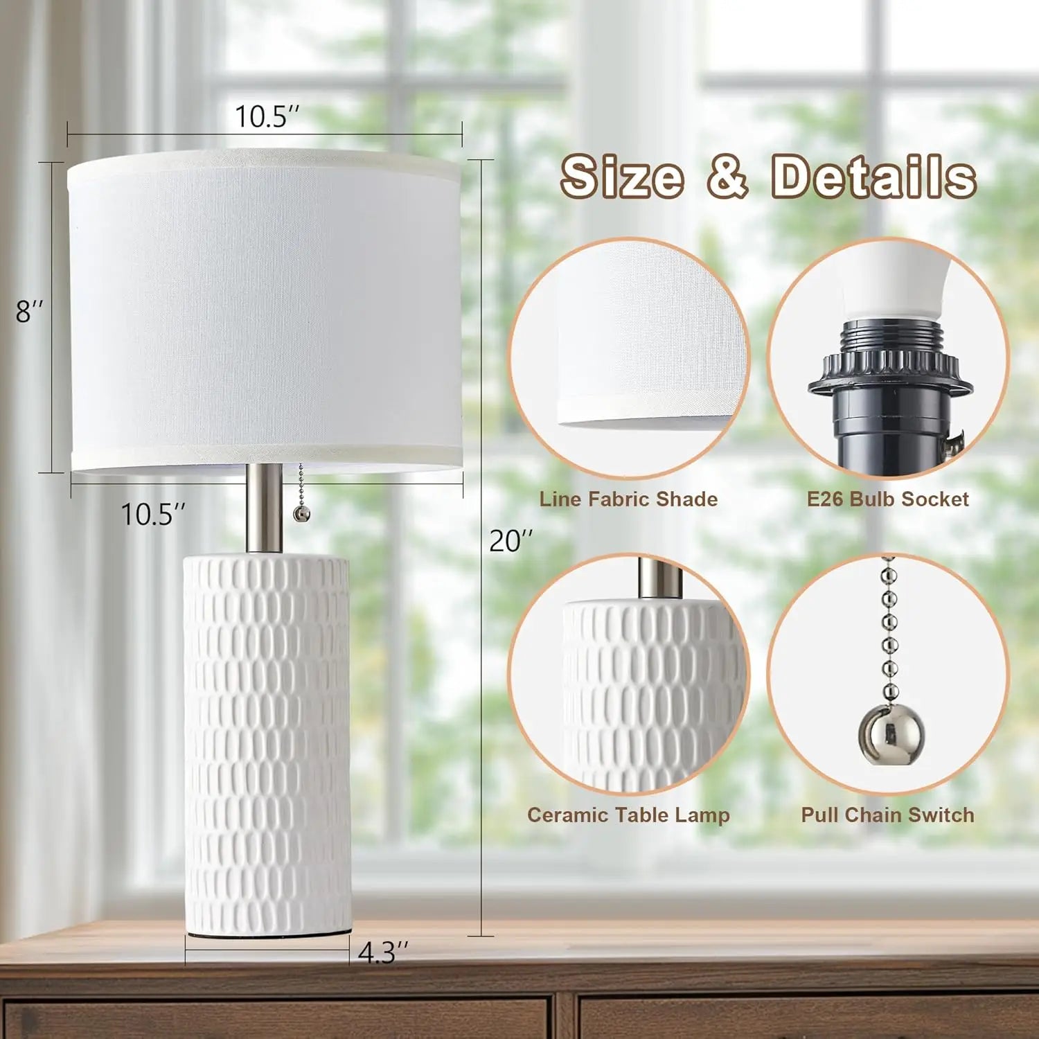 20" Ceramic Table Lamps Set of 2 for Bedroom, Modern Nightstand Lamps with Fabric Shade and Pull Chain for Living Room