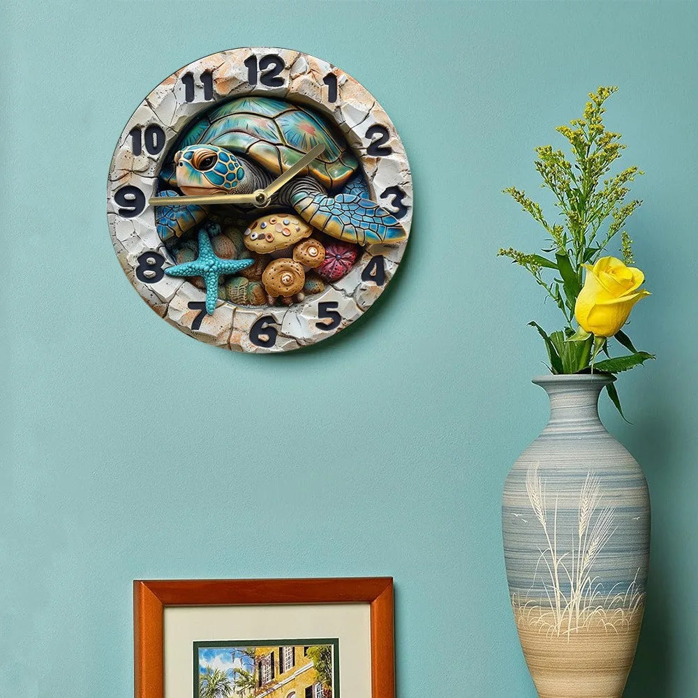 Wooden Wall Clock with a Sea Turtle and Seashells Pattern, Ideal for Coastal or Nautical Themed Rooms, Uses AA Batteries