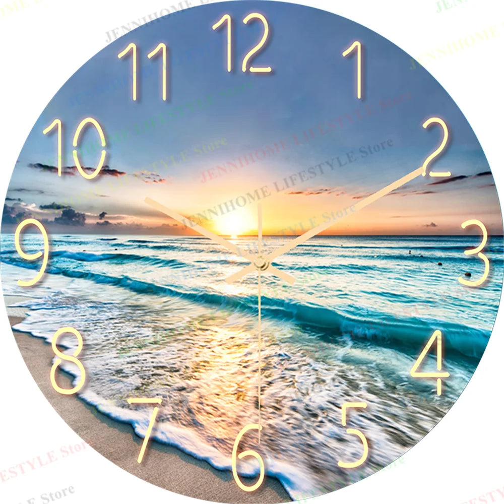 Beach Wall Clock Wall Art Clock Luxury Marble Watch Wall Mount Mechanic Clock Frameless Clock Wall Decor for Living Room Kitchen