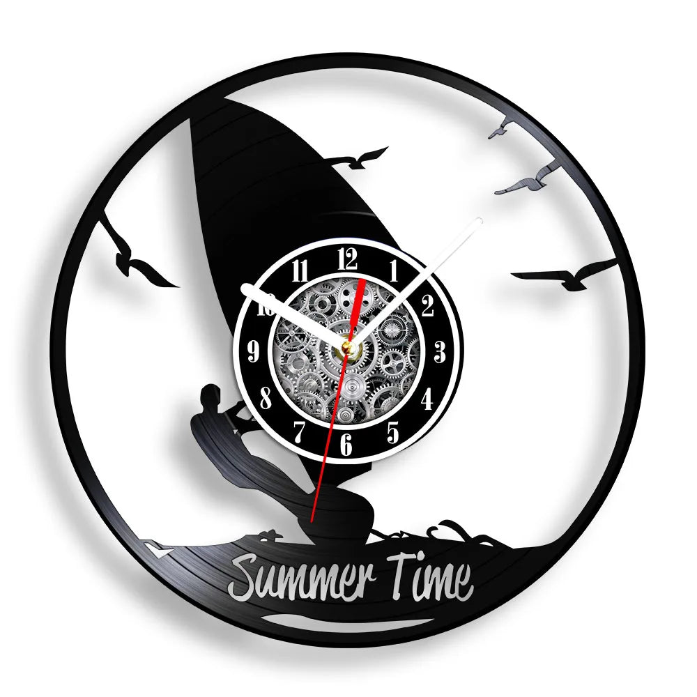 Water Sport Surfing Vinyl Record Wall Clock Sea Wave Coastal Landscape Wall Art Handicraft Carved Music Album Clock Surfer Gifts