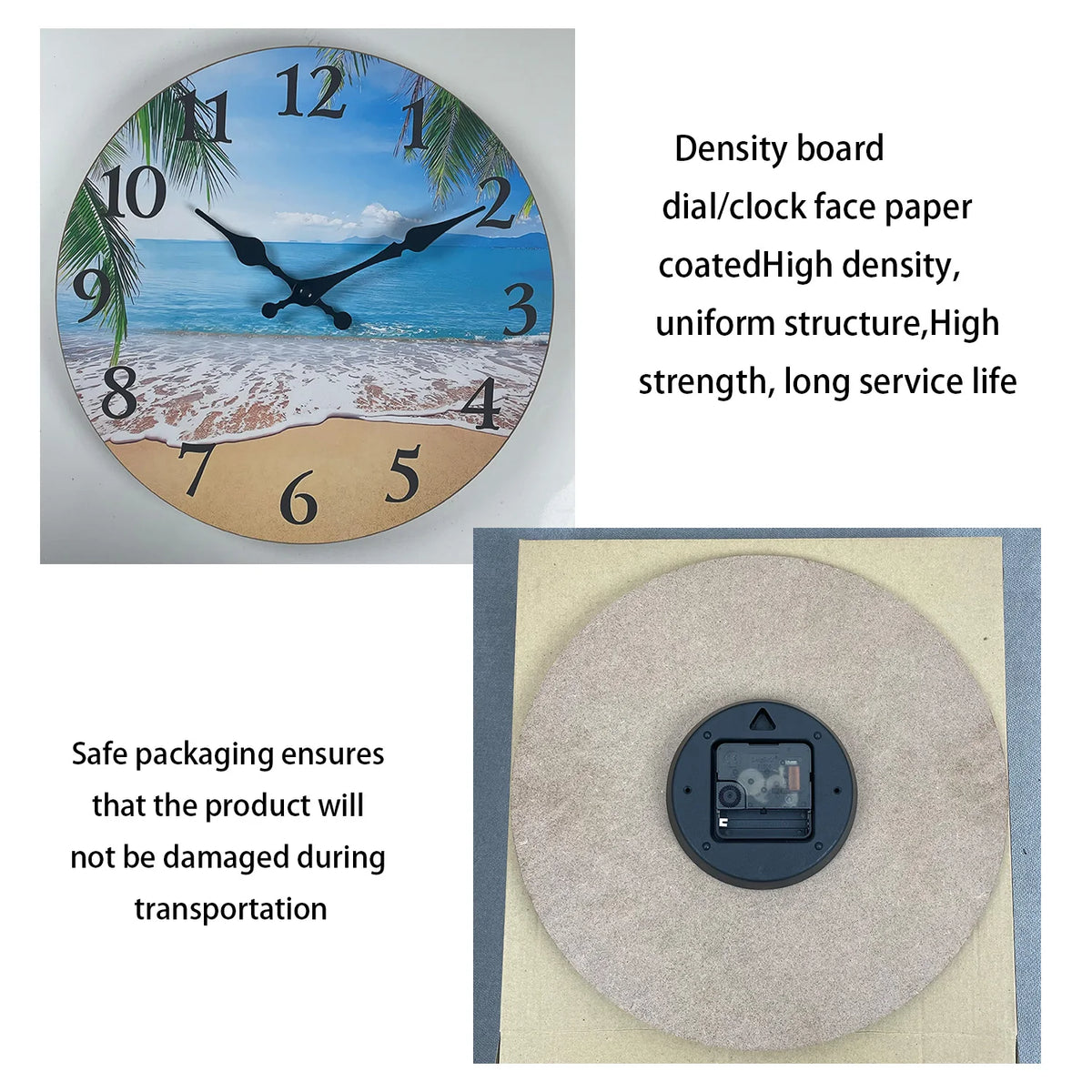Light Luxury Beach Pattern Wooden Wall Clock for Living Room, Bedroom, Kitchen, Home Decoration, Silent Quartz Clock, Holiday Gift, 10 Inches, 12 Inches (No Battery)