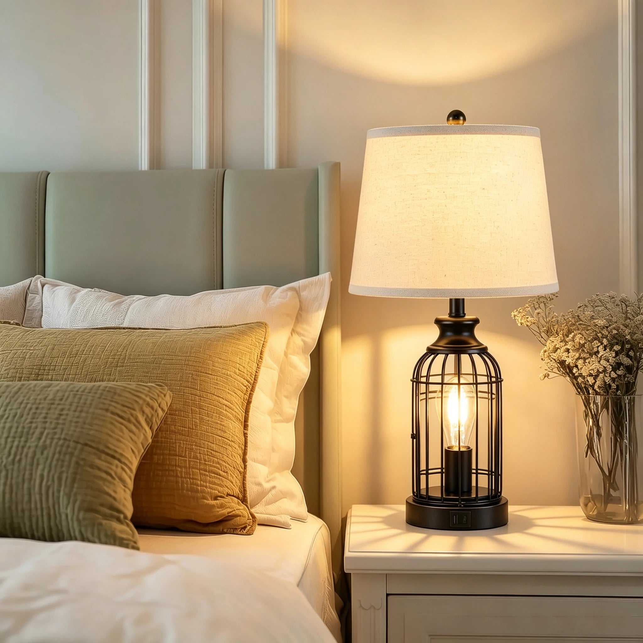 Table lamp Modern Minimalist European Hardware double layer cloth cover Table Lamp Hotel Guest Room Living Room Study Bedroom Bedside Decorative Lighting Lamps Indoor Lighting Shiping from USA