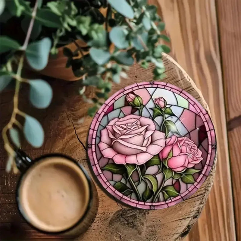 8 Sets of Floral Patterned Wooden Anti-Slip Coasters, Suitable for Bar and Cafe Decoration Anti-Slip Coasters