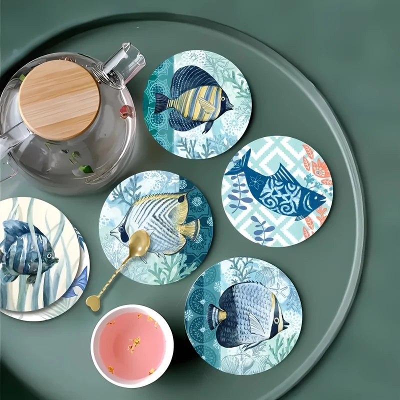 10CM 6PCS 2D Ecology Ocean Underwater Scene Wooden Coasters Ocean Surroundings Furniture Decoration Gift Desktop Protection