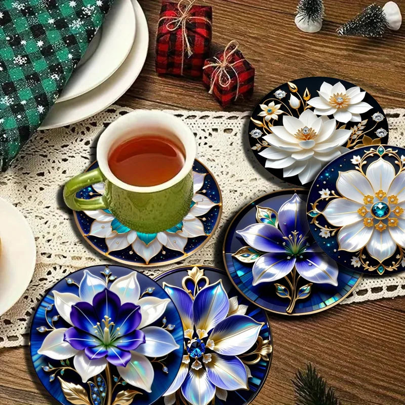 6 Pieces/Set of Floral Patterned Wooden Anti-Slip Coasters, Suitable for Home Office and Theme Party Decoration