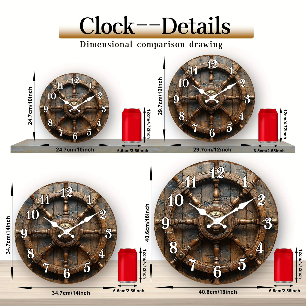 1pc Wooden Wall Clock Retro Style Nautical Wooden Ship Wheel Clock Round Silent Clock for Living Room, Dining Room, Kitchen, Bedroom, Office Thanksgiving, Christmas Decoration, Ideal Birthday Gift (AA Batteries Not Included)