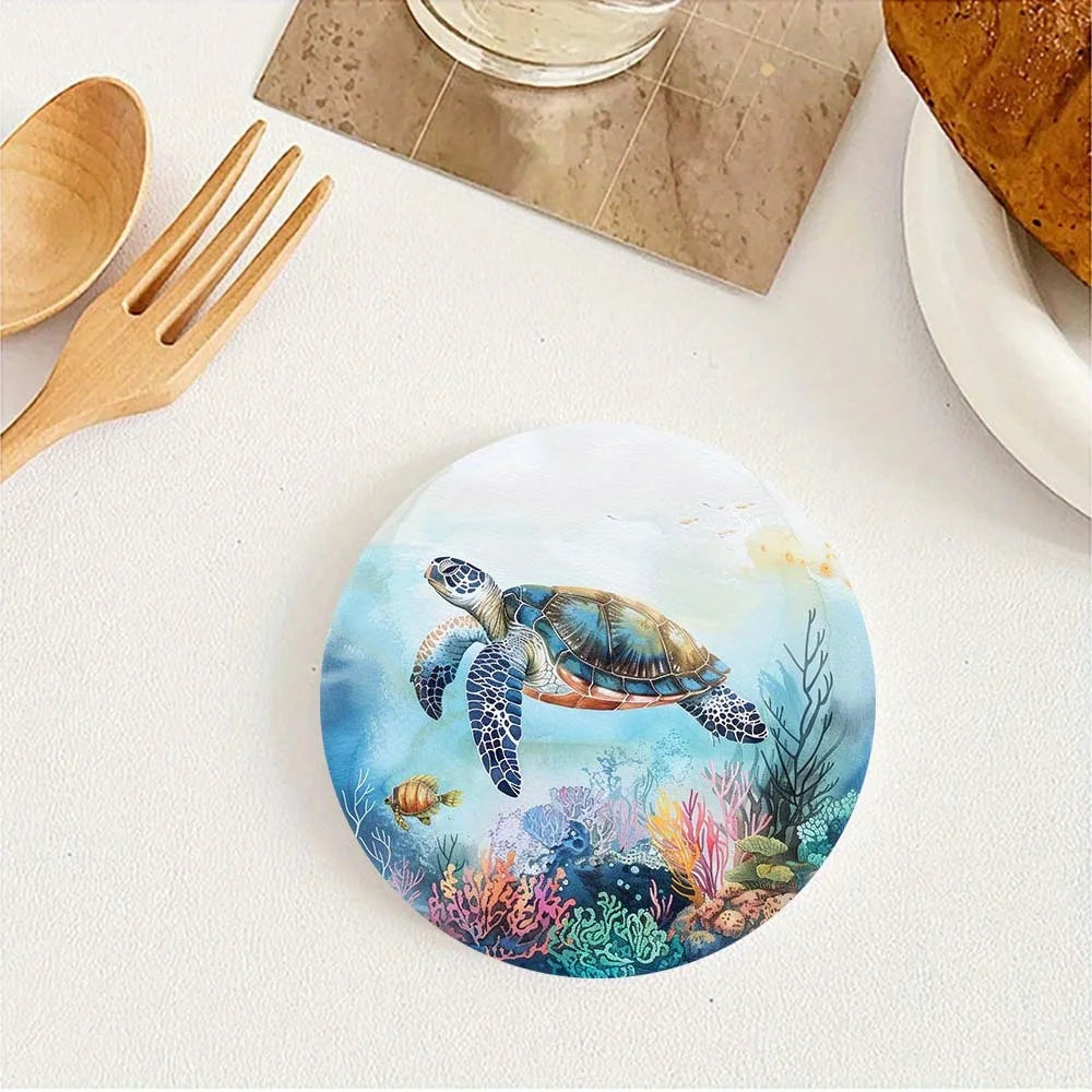 4in Sea Turtle Theme Beautiful Coral Patterns Wooden Coaster Set 6pcs  Deep Sea Turtle Coffee Family Parties Coffee Shops Gifts