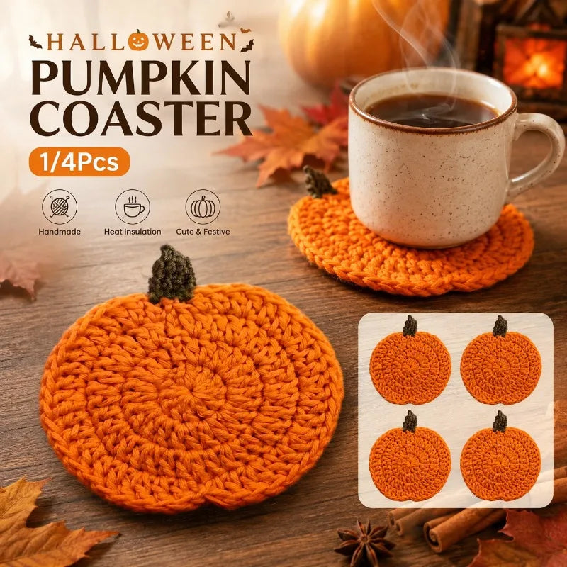 Halloween Crochet Pumpkin Coasters Autumn Thanksgiving Fabric Handmade Cup Mat Halloween Table Decor Fall Farmhouse Decoration