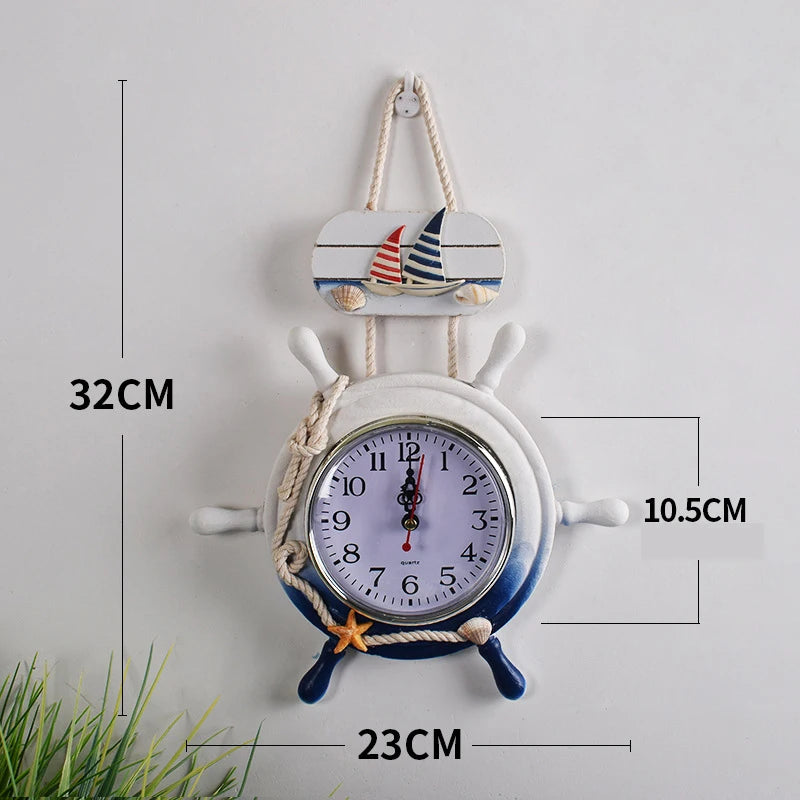 Mediterranean Retro Style Anchor Wall Clock Wooden Rudders Silent Hanging Clocks Coffee Bar Home Decorations