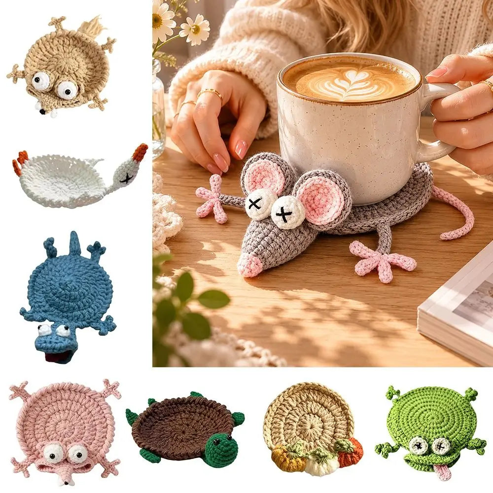 Handmade Crochet Craft Crochet Animal Coaster Soft Knitted Animal Shape Design Knitted Drink Coaster Creative Cartoon Style