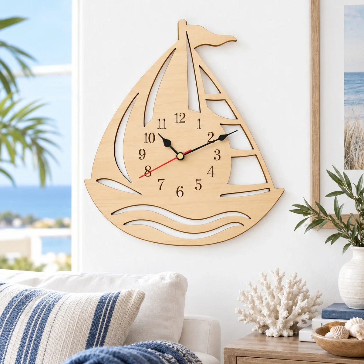 Wooden Sailboat Wall Clock, Nautical Coastal Home Decor, Beach House Wall Art, Ocean Theme Room Decor, Rustic Marine Clock