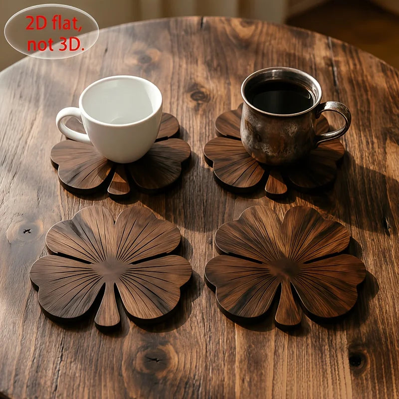 2D Flat Clover Wooden Coasters, 4pcs Walnut-Colored Coasters, Luxurious Desktop Protection Coaster Set for Coffee And Tea Cups