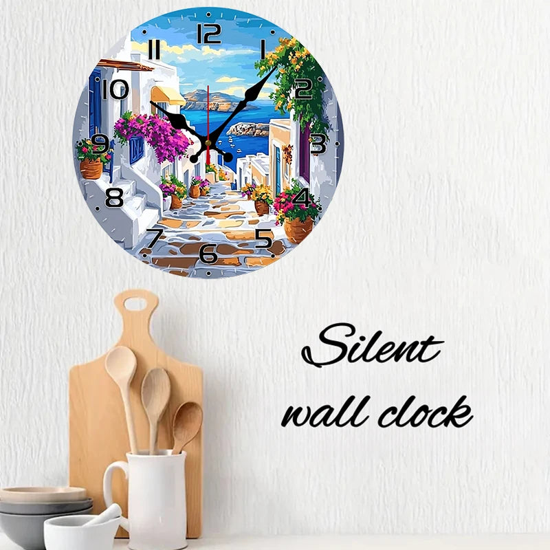 Mediterranean Street Wooden Round Silent Hanging Wall Clock, Suitable For Living Room,Office,Study Room,Bedroom, Home Decoration