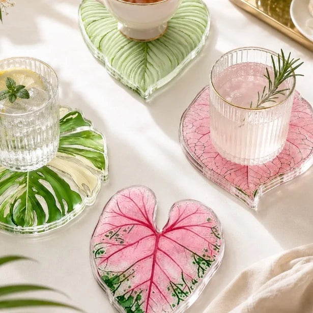 4-Piece Set of Acrylic Tropical Plant Leaf Coasters, New Style Coasters, Heat-Insulating Coaster Set, Protects Tabletops from Hot Drinks, Cups, and Plates - Eco-Friendly, Suitable for Offices, Restaurants, Cafes, Hallo
