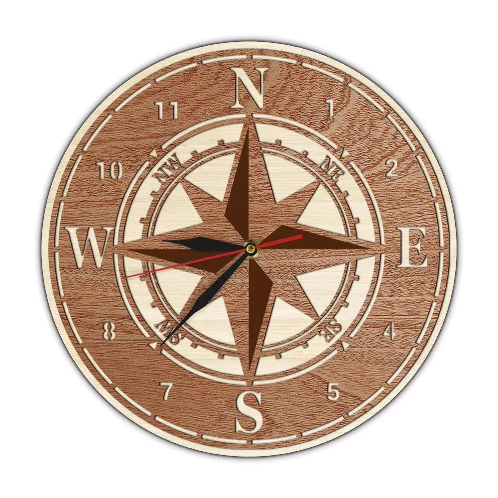 Compass Wind Rose Dual Layers Wooden Wall Clock For Living Room Nautical Navigation Home Decor Clock Marine Direction Wall Watch
