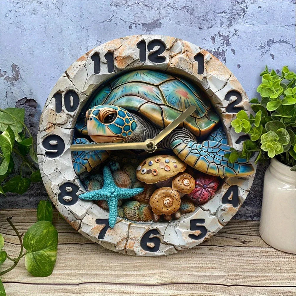 Wooden Wall Clock with a Sea Turtle and Seashells Pattern, Ideal for Coastal or Nautical Themed Rooms, Uses AA Batteries