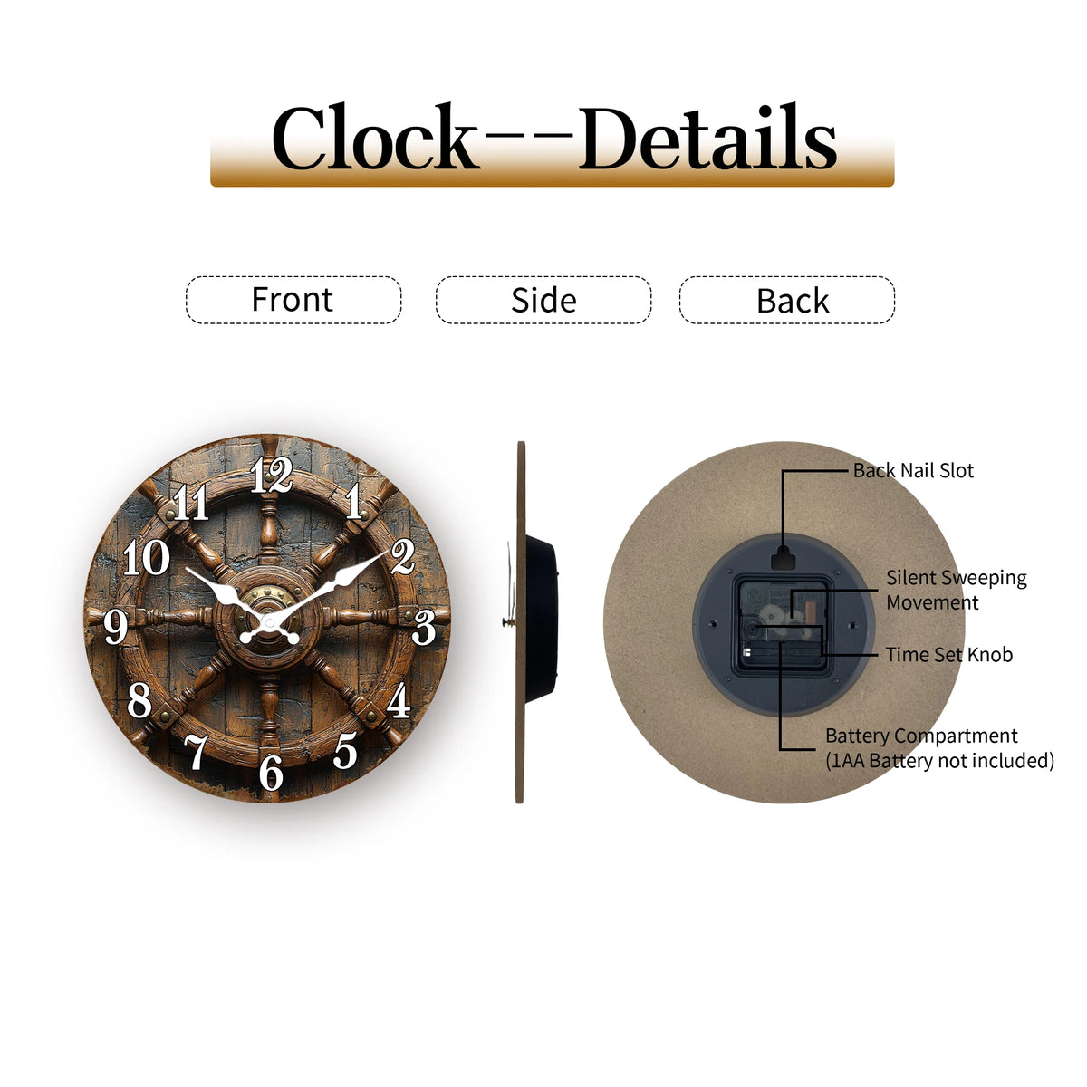 Antique Wooden Ship Steering Wheel Wall Clock - Nautical Decor for Office, Study, or Coastal Themed Room - Silent Sweep