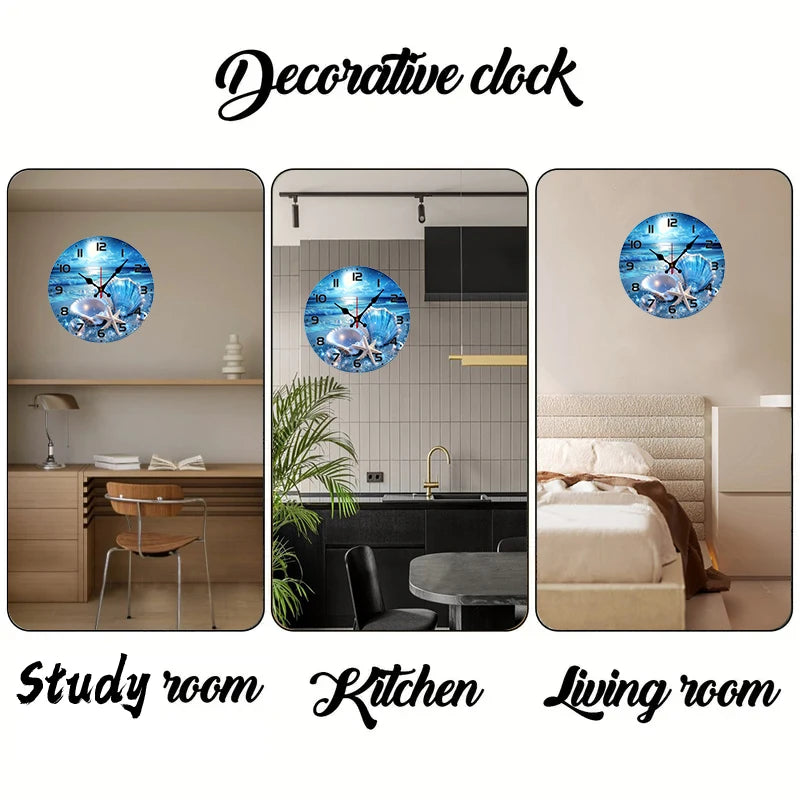 Shining Seaside Shells Wooden Round Silent Hanging Wall Clock,Suitable For Living Room,Office,Study Room,Bedroom,Home Decoration