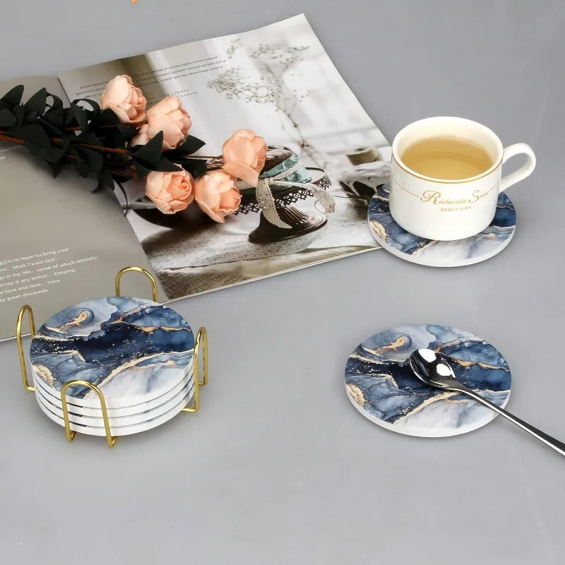 6Pcs Cup Mat Coaster Blue Marble Pattern Acrylic Cup Drink Mat Plate Rug Mug Pad Coasters for Mugs and Cups Table Decoration-new