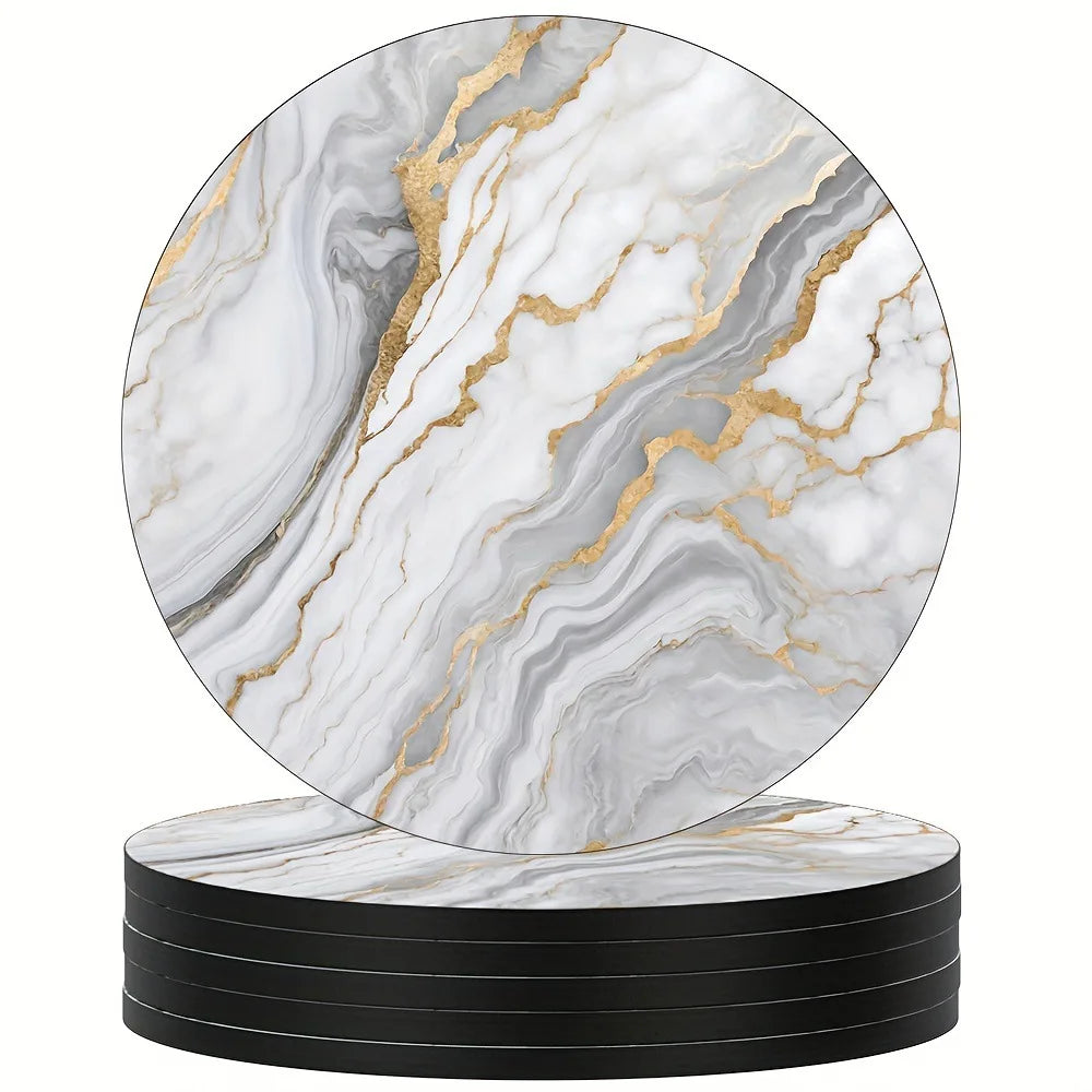 6Pcs 4 Inch Marble Veining Wooden Drink Coasters Set Round Absorbent Coasters Funny Coasters for Cold Drinks Wine Mugs Cups