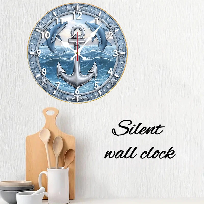 Dolphin Anchor Wooden Round Silent Hanging Wall Clock, Suitable For Living Room, Office, Study Room, Bedroom, Home Decoration