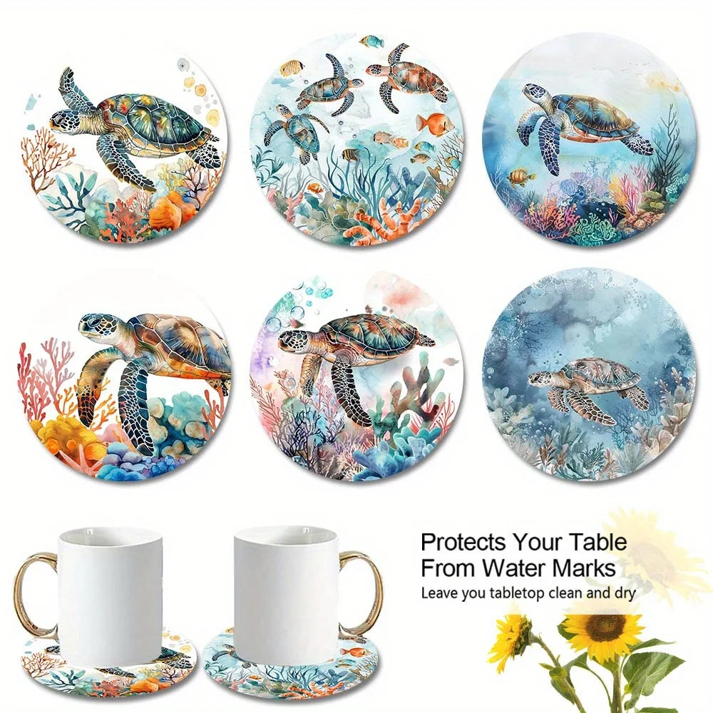 4in Sea Turtle Theme Beautiful Coral Patterns Wooden Coaster Set 6pcs  Deep Sea Turtle Coffee Family Parties Coffee Shops Gifts