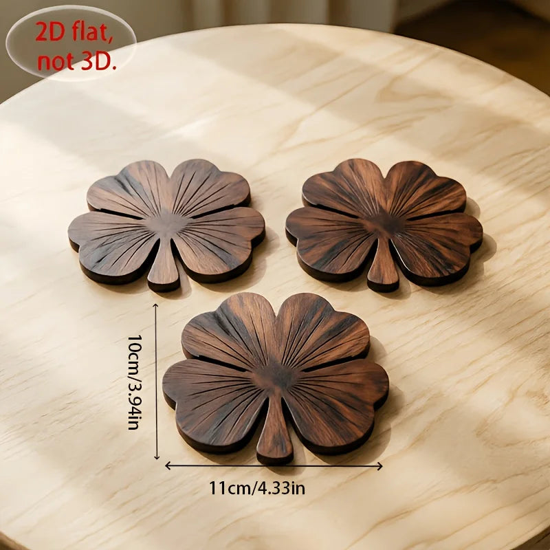 2D Flat Clover Wooden Coasters, 4pcs Walnut-Colored Coasters, Luxurious Desktop Protection Coaster Set for Coffee And Tea Cups