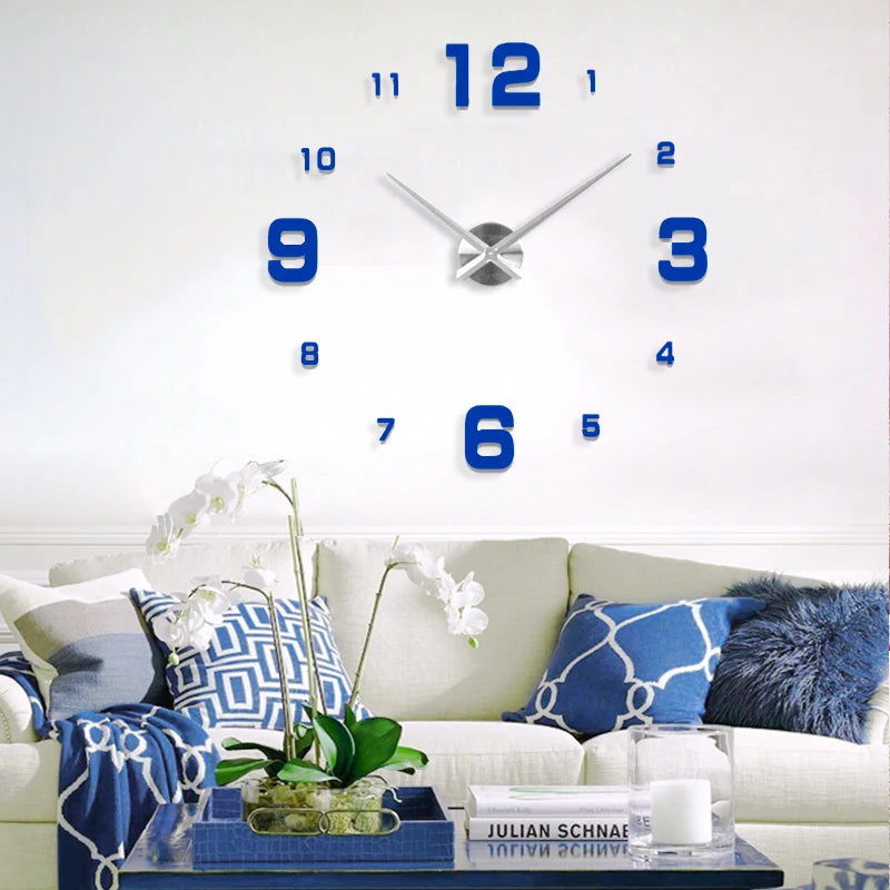 Fashion 3D Mediterranean Style Big Size Blue Wall Clock Mirror Sticker DIY Brief Living Room Decor Meeting Room Wall Clock