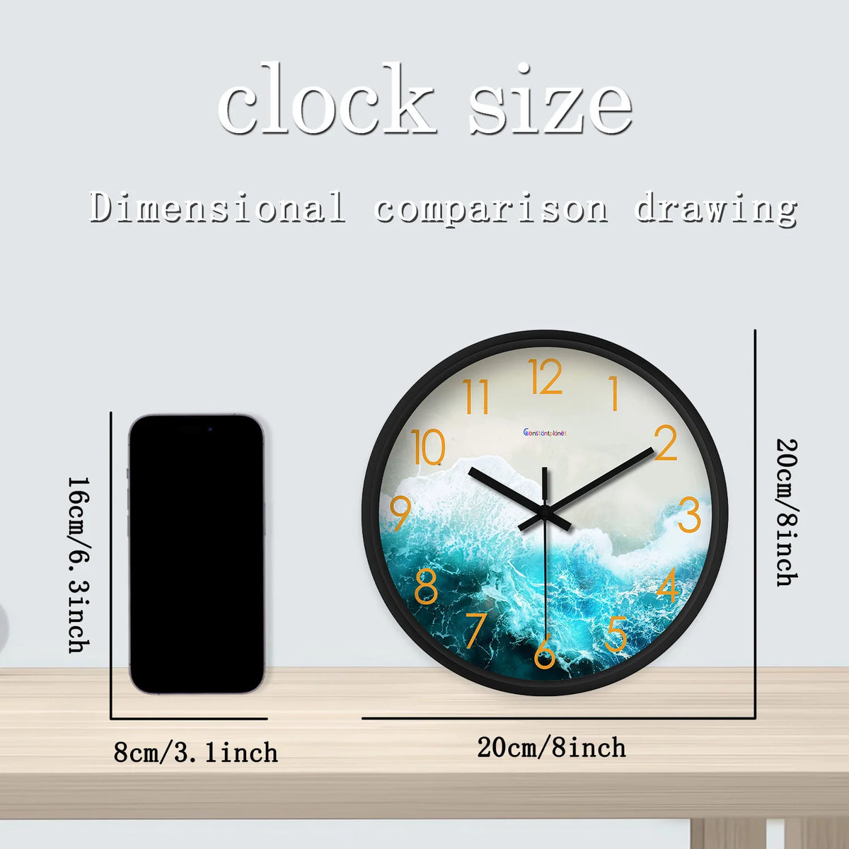 8inch Modern Fashion Seaside Beach Pattern Plastic Glass Wall Clock Living Room Bedroom Kitchen Home Decoration Wall Clock Silent Quartz Clock Holiday Gift (No Battery)