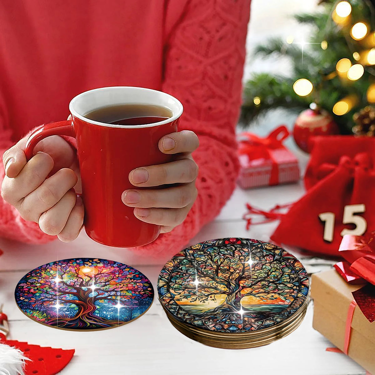 6 Sets of Artistic Painted Wooden Anti-Slip Coasters with Iridescent Tree Patterns, Suitable for Kitchen Decoration