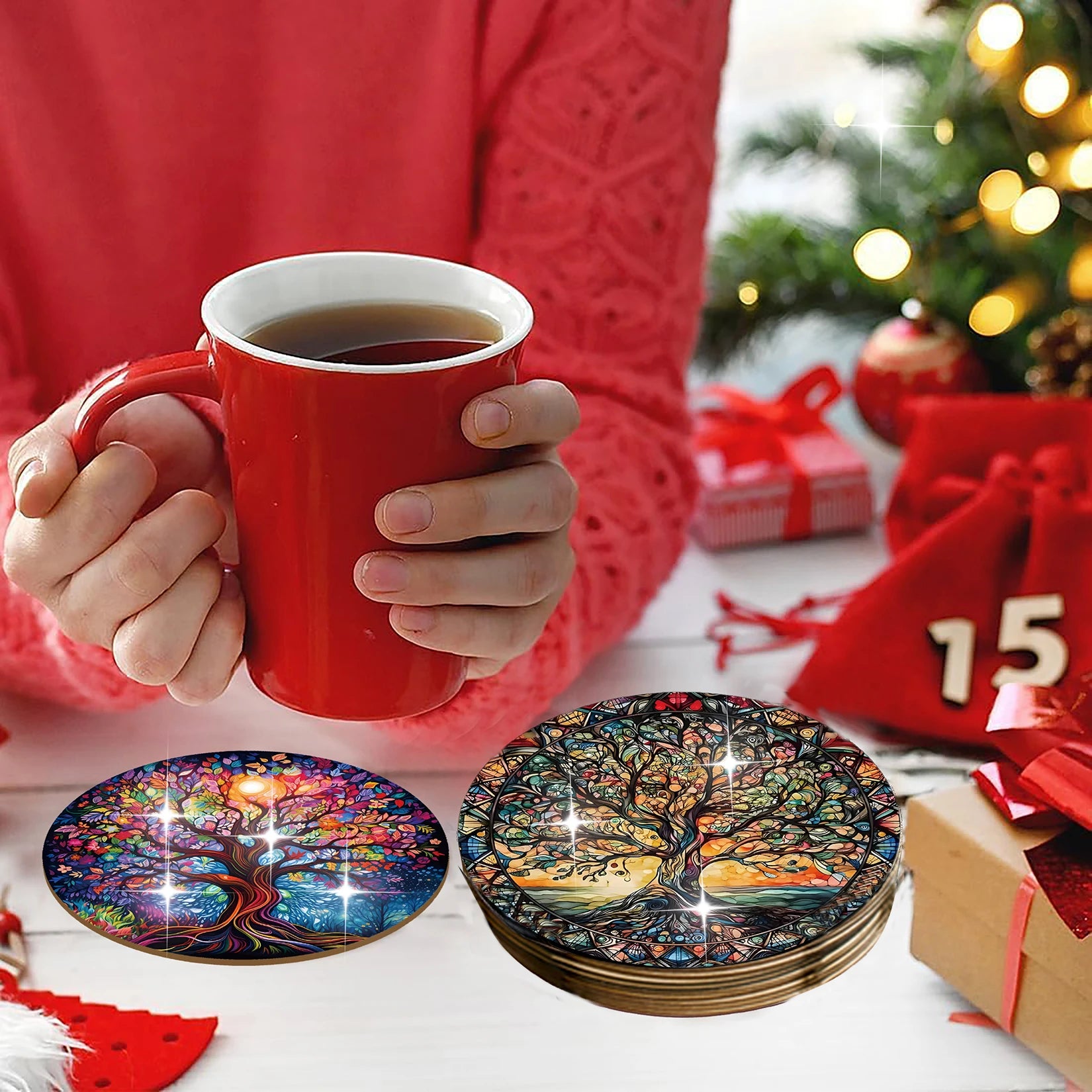 6 Sets of Artistic Painted Wooden Anti-Slip Coasters with Iridescent Tree Patterns, Suitable for Kitchen Decoration