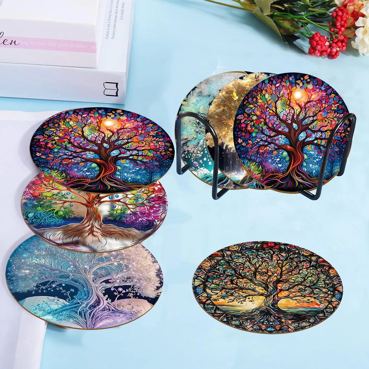 6 Sets of Artistic Painted Wooden Anti-Slip Coasters with Iridescent Tree Patterns, Suitable for Kitchen Decoration