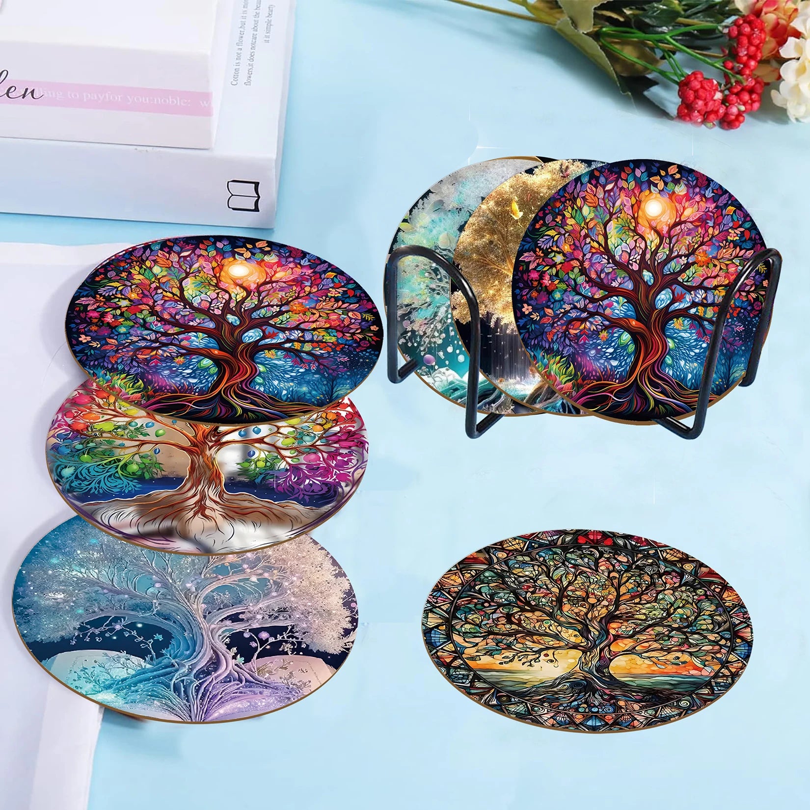 6 Sets of Artistic Painted Wooden Anti-Slip Coasters with Iridescent Tree Patterns, Suitable for Kitchen Decoration
