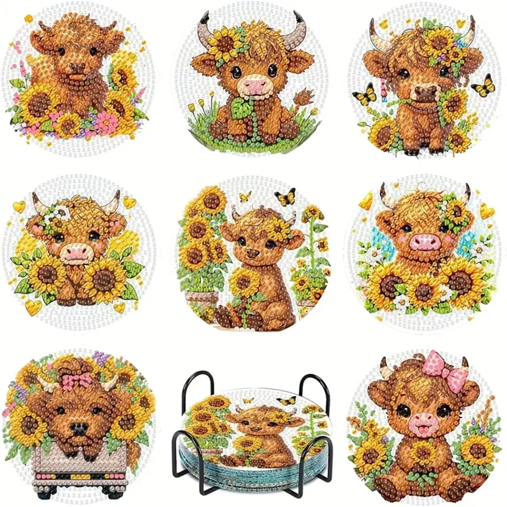 8 Pieces of Diamond Art Painting Coasters with Brackets, DIY Cat Patterned Diamond Art Coasters, Suitable for Both Adults and Be