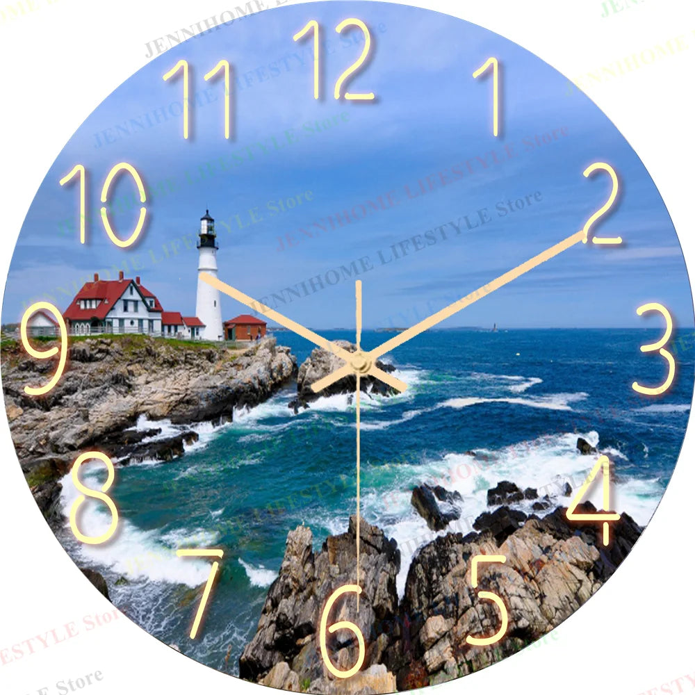 Beach Wall Clock Wall Art Clock Luxury Marble Watch Wall Mount Mechanic Clock Frameless Clock Wall Decor for Living Room Kitchen