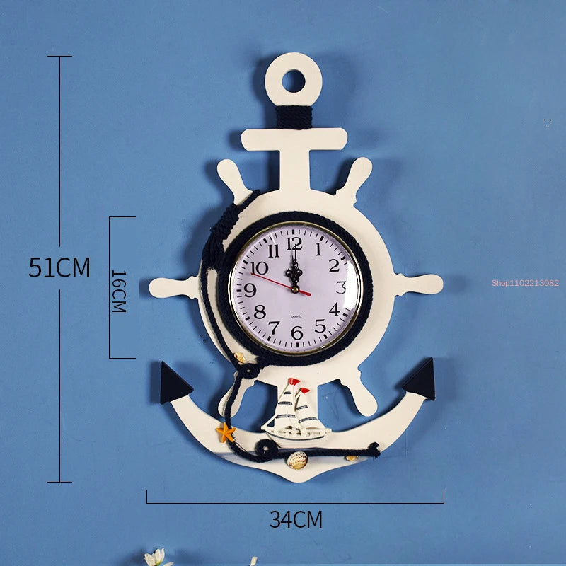 Mediterranean Retro Style Anchor Wall Clock Wooden Rudders Silent Hanging Clocks Coffee Bar Home Decorations