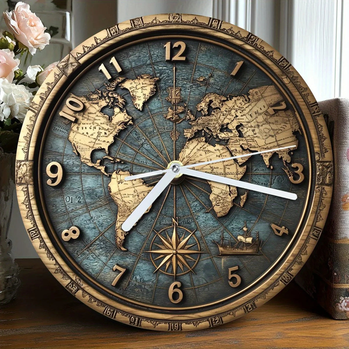 2D Sailboat Theme Nautical Wooden Wall Clock Quartz Silent Round Clocks Vintage Gift Crafts Home Decoration Wood Hanging Clocks