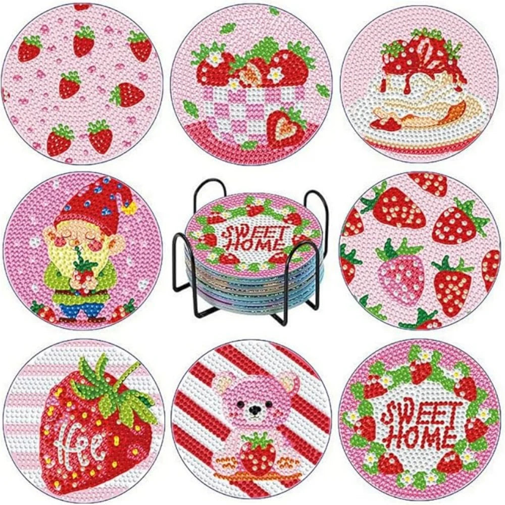 8 Pieces/Set Rose and Diamond Painting Coaster Set, DIY Coaster with Holder, Beginner and Adult Diamond Craft Gift