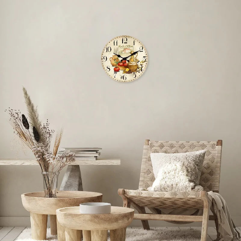 Vintage Provence Olive Oil and Tomato Pattern Wooden Wall Clock Living Room 10-Inch 12-Inch 14inch  (No Battery)